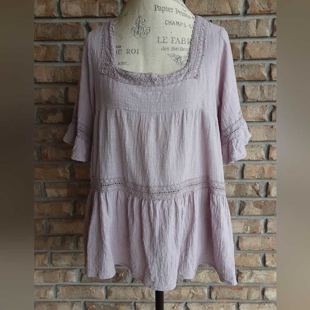 Easel Boho Square Neck Lavender Lace Trim Tunic Top.